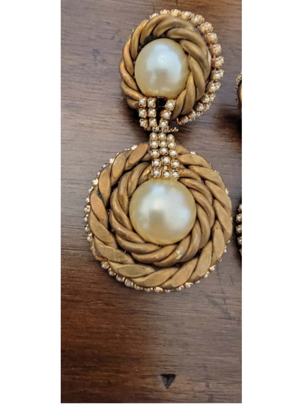 Vintage Faux Pearl Rhinestone Rope Swirl Clip On Statement Earrings Gold Tone
